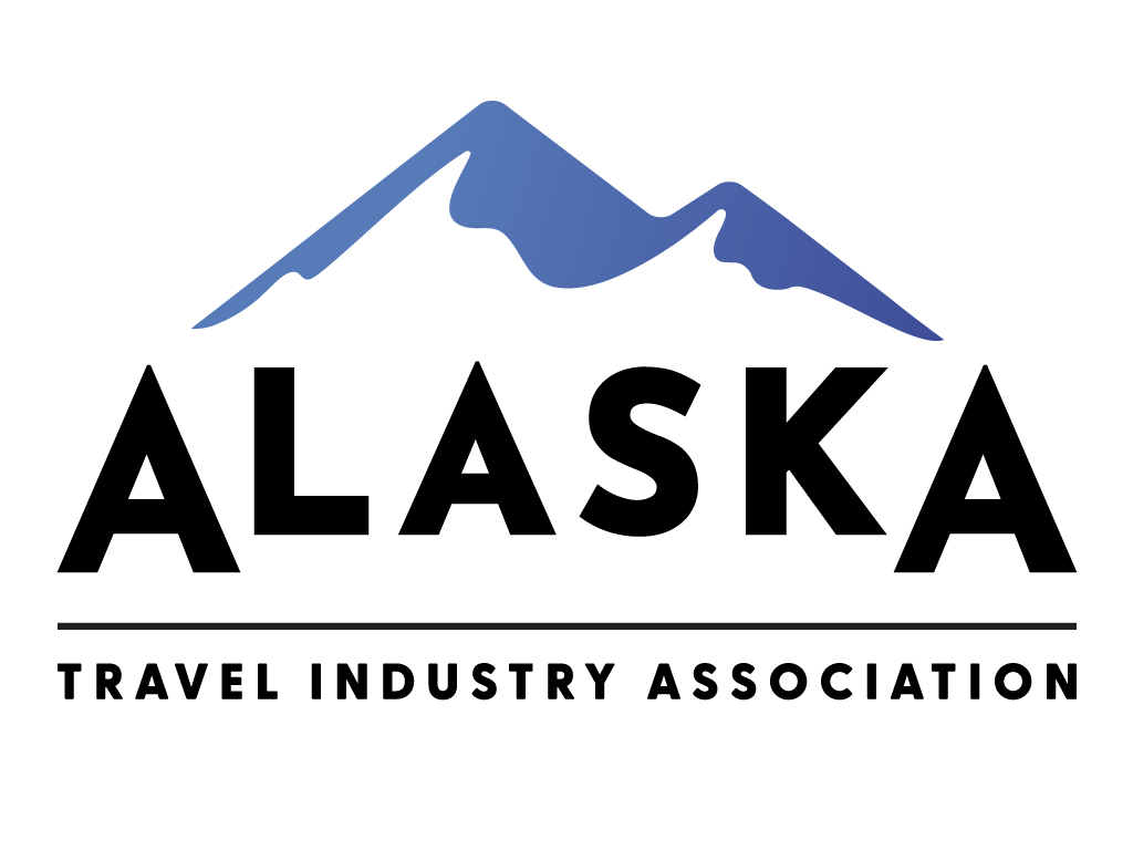 Logo with blue mountain and text 'ALASKA Travel Industry Association'.