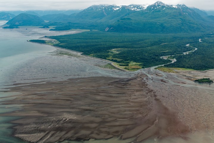 Aerial view of a coastal landscape with mountains, forests, and tidal flats.