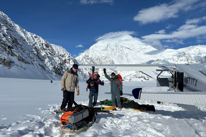 Climbers drop off and air support for climbing teams at Denali, basecamp