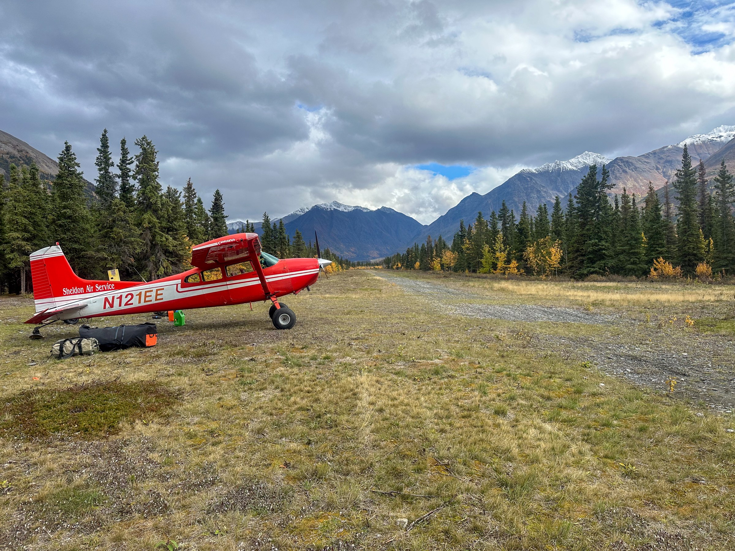 Red plane parked on grassy field near forest and mountains under cloudy sky.