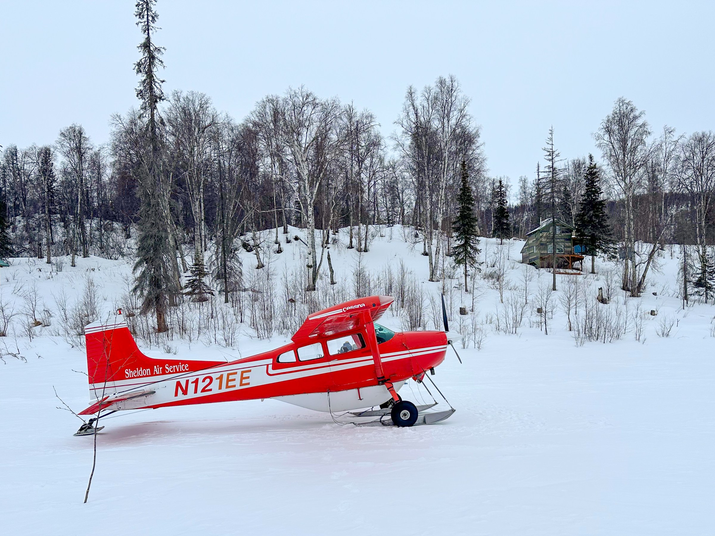 Red plane on snow with a background of leafless trees and wooden cabins.