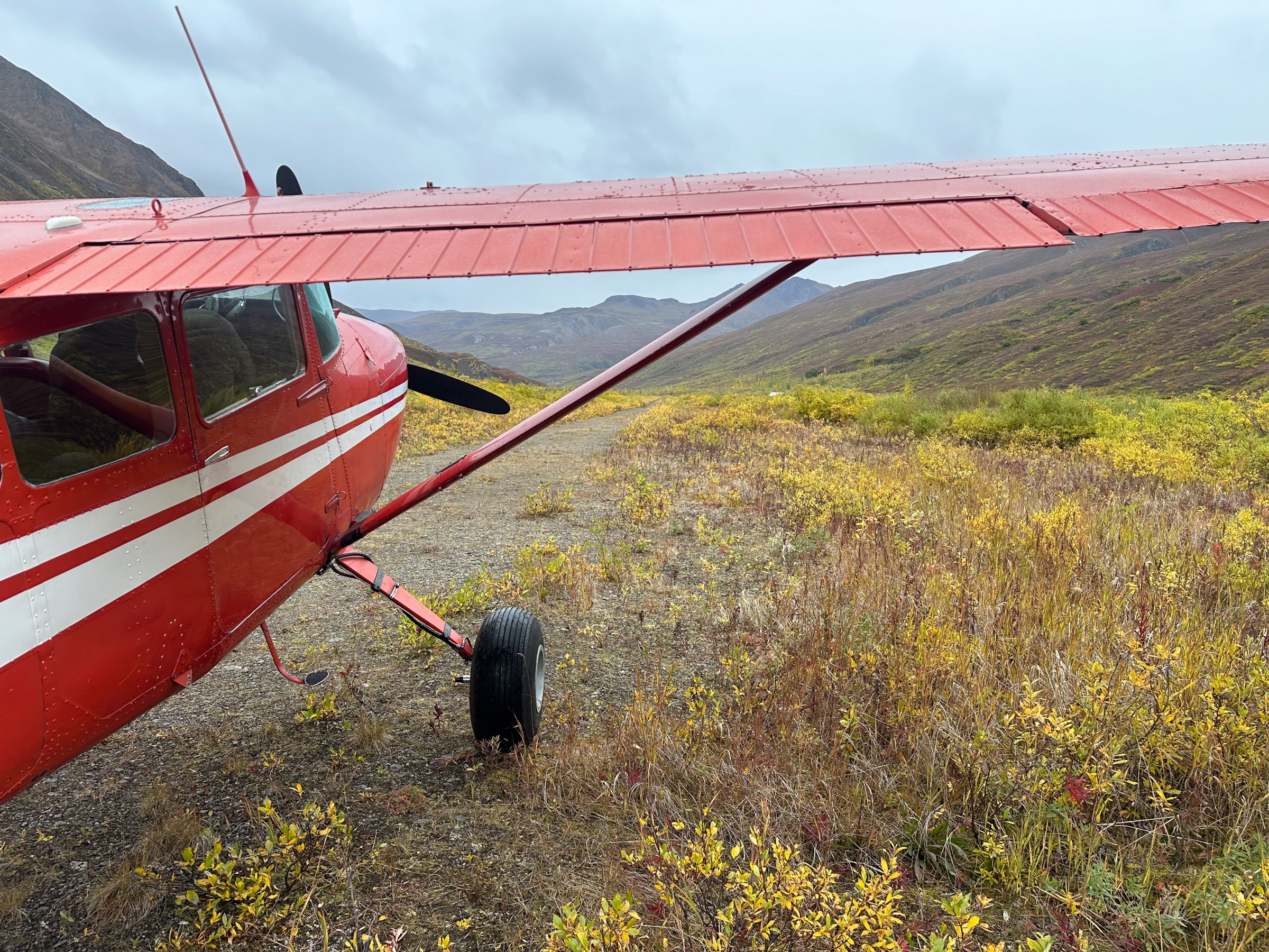 Red airplane parked on a grassy hillside with mountains in the background.