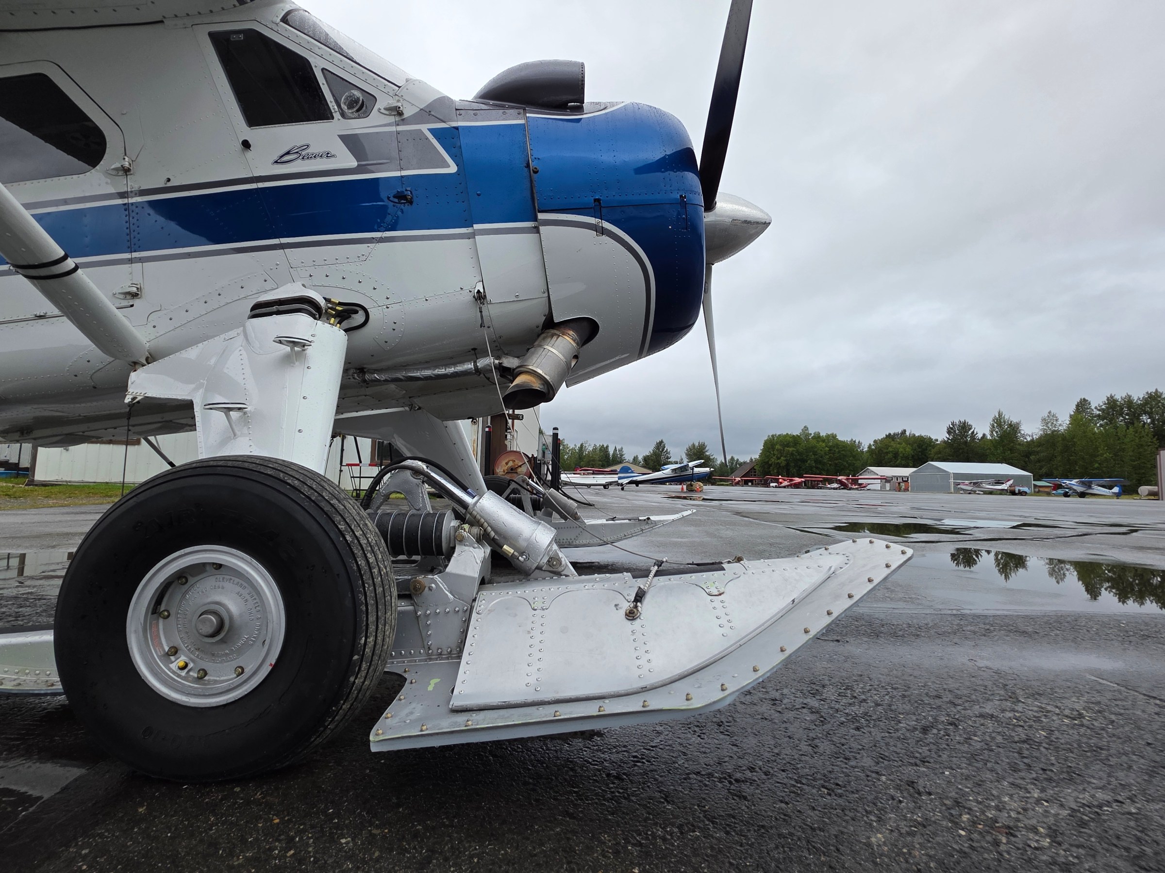 Side view of a propeller airplane radial beaver with tundra tires on skis