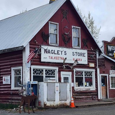 Nagleys store with antler decorations and signs in Talkeetna, Alaska.