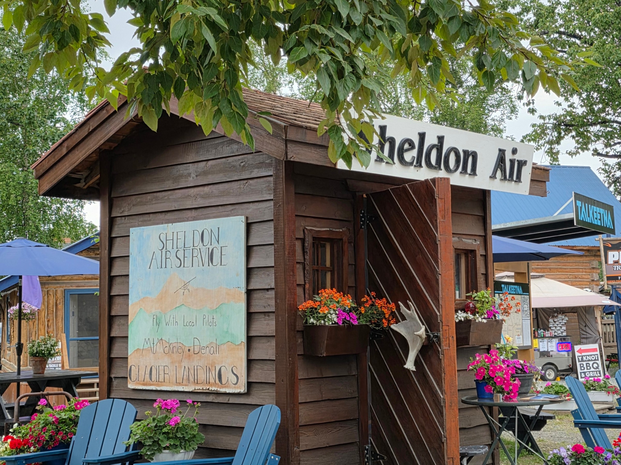 Small wooden cabin with flowers, chairs, and sign reading 'Sheldon Air Service' under a tree.