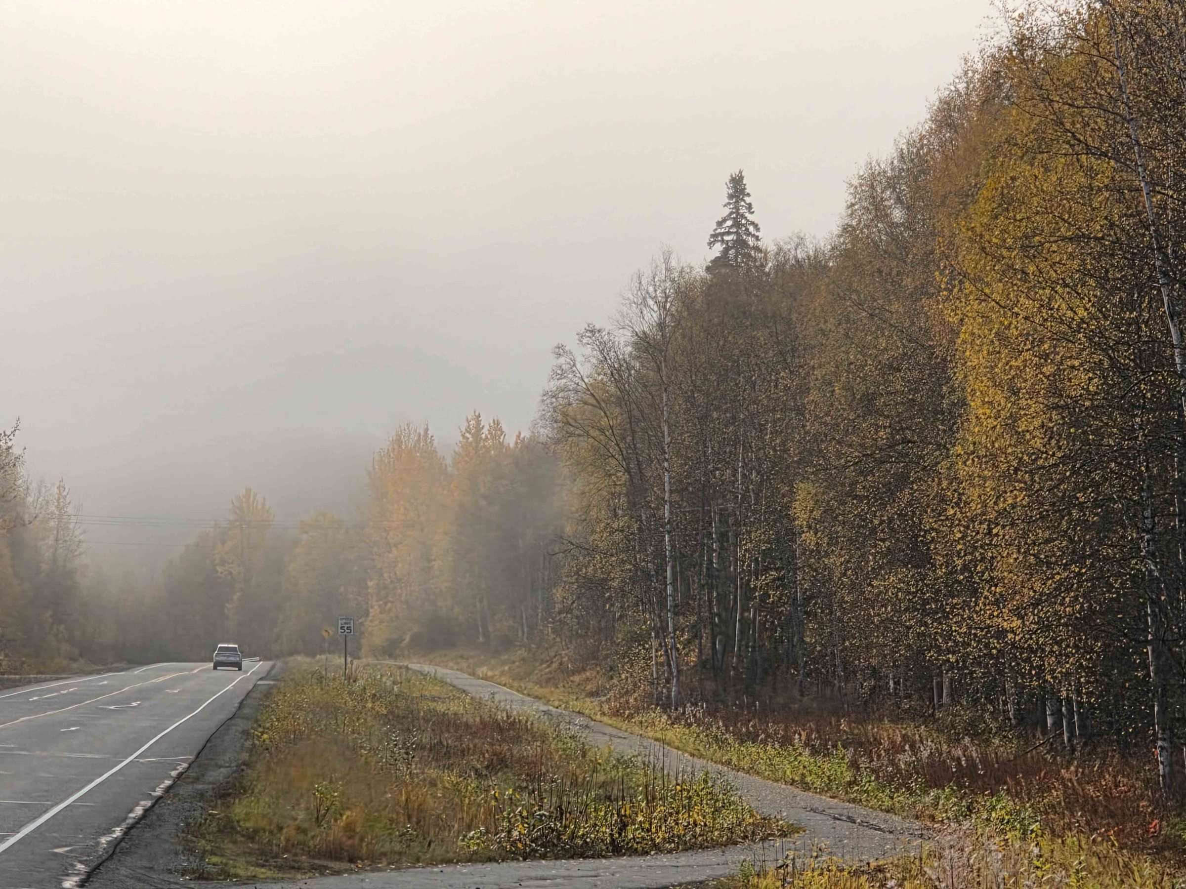 Car driving on misty road beside autumn trees and a small path.