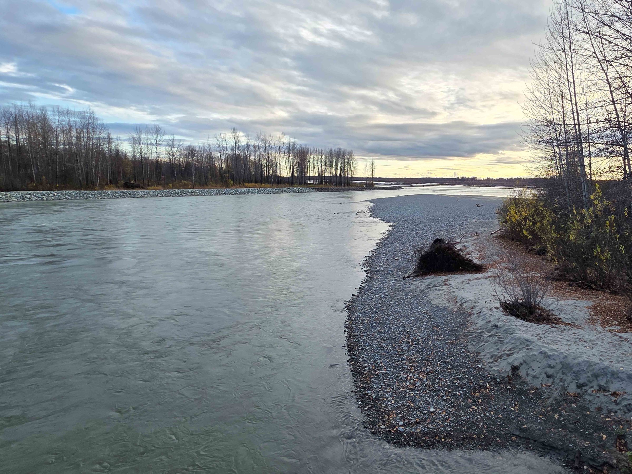 River with gravel shore, bare trees, and cloudy sky at sunset.