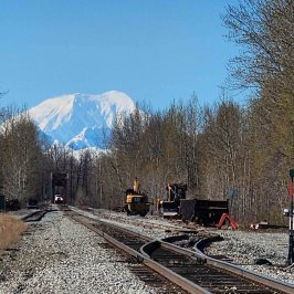 Train tracks leading to a snowy mountain, surrounded by trees.