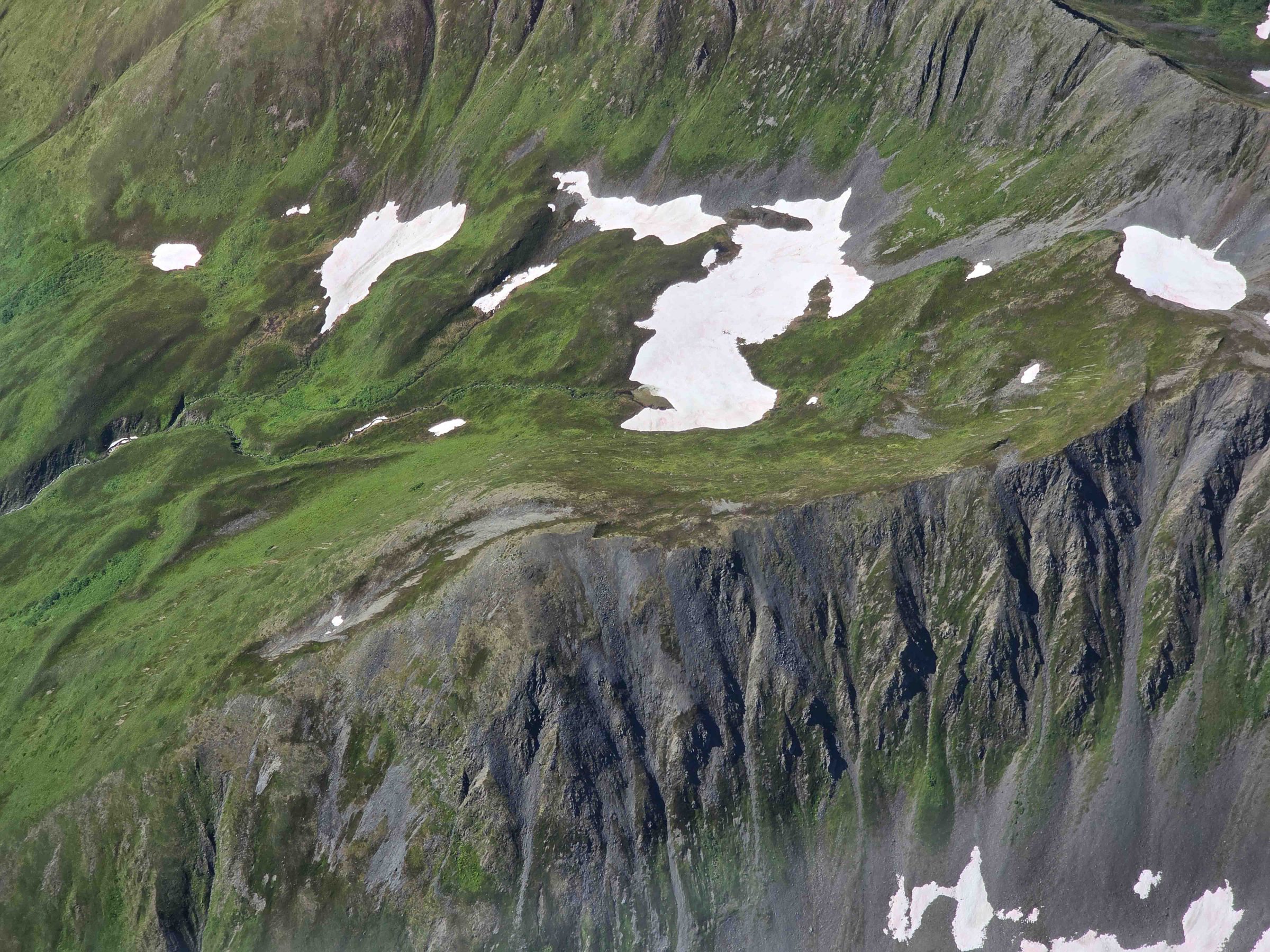Aerial view of a green mountain with patches of snow and rocky cliffs.