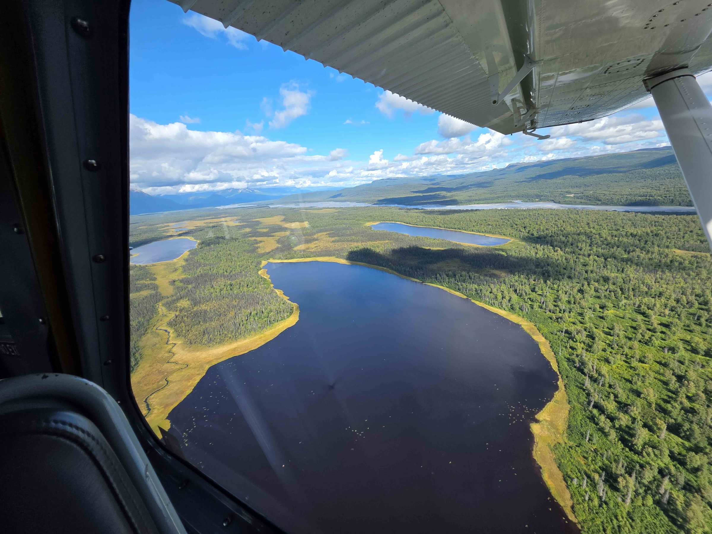 Aerial view from airplane window of a lake surrounded by forest and mountains under a cloudy blue sky.