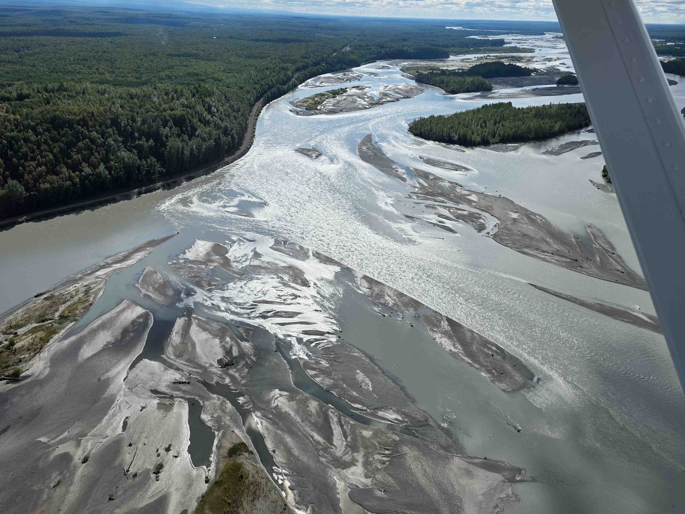 Aerial view of a river with sandbanks and surrounding forest under a cloudy sky.