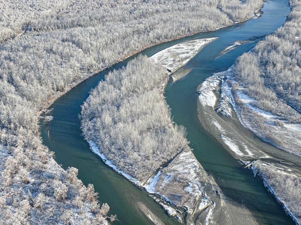 Aerial view of a winding river surrounded by snow-covered trees and landscape during Denali Flightseeing Tours Over Talkeetna and Denali National Park