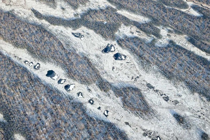 Aerial view of a winding river surrounded by snow-covered trees and landscape during Denali Flightseeing Tours Over Talkeetna and Denali National Park