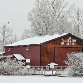Snowy scene at Talkeetna Air Service building with bare trees and bushes - first snow 2025