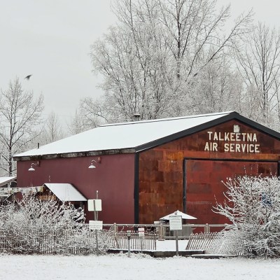 Snowy scene at Talkeetna Air Service building with bare trees and bushes - first snow 2025