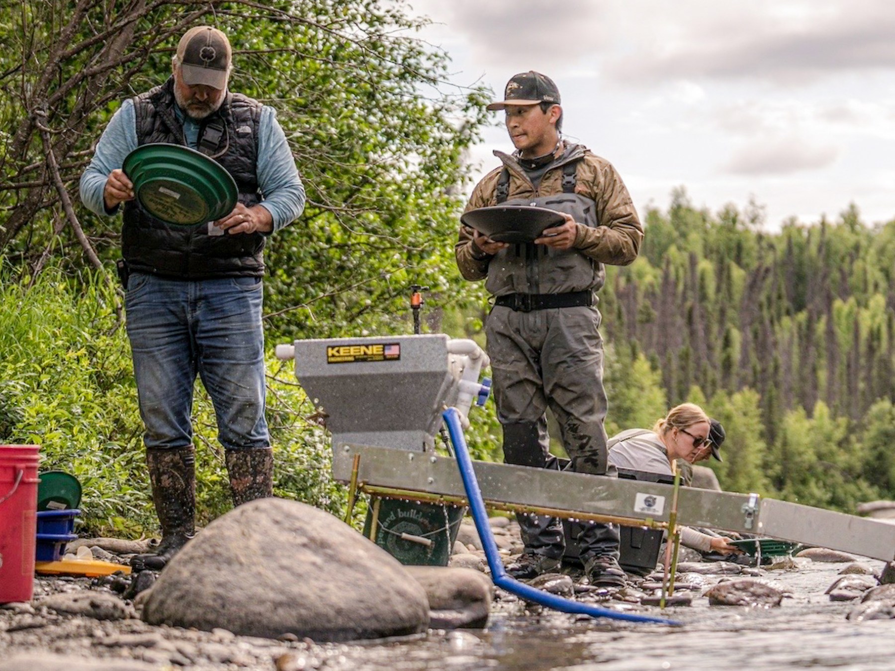 Three people panning for gold beside a river with trees in the background.