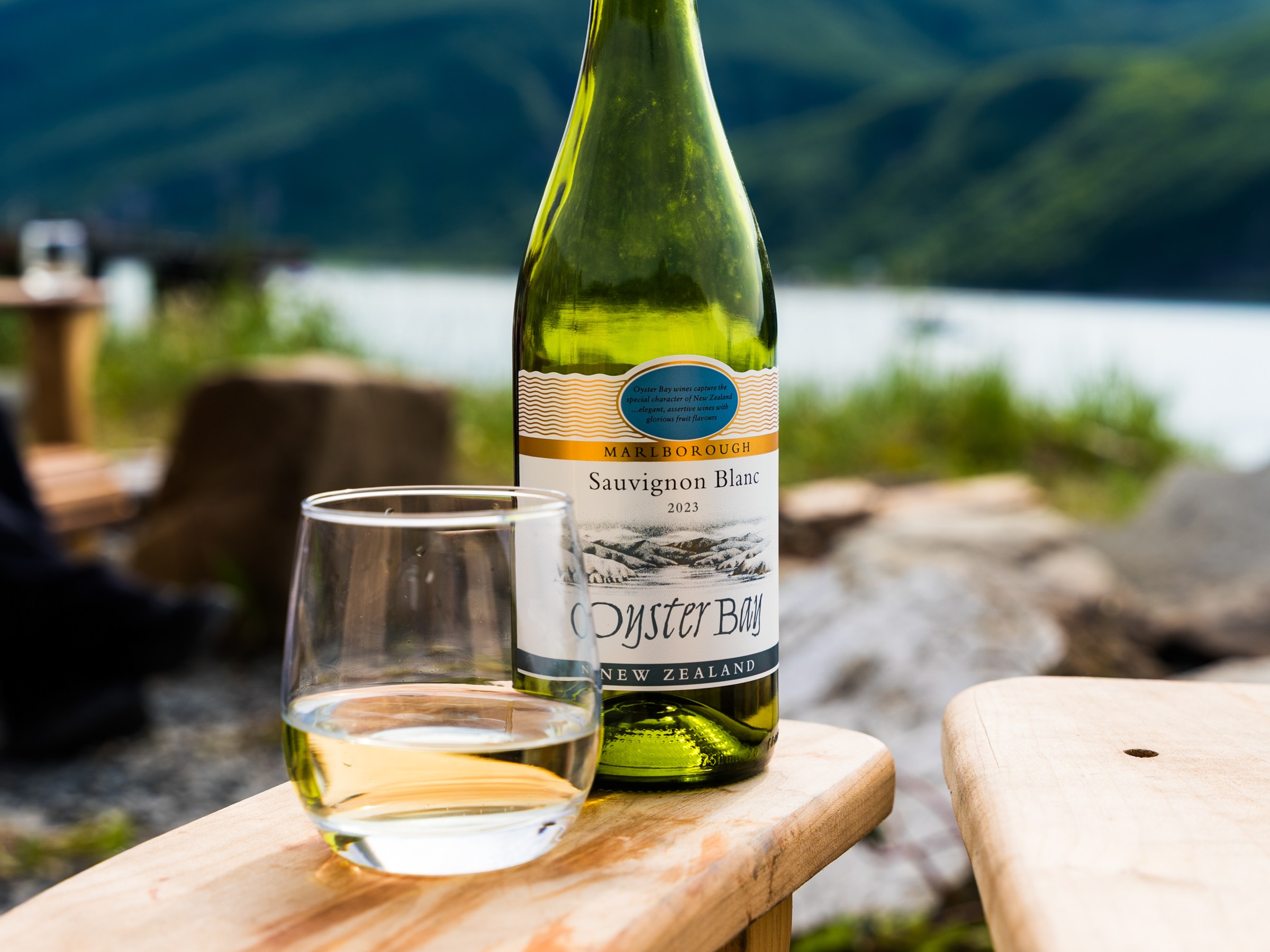 Wine bottle and glass on a wooden table with a scenic outdoor background.