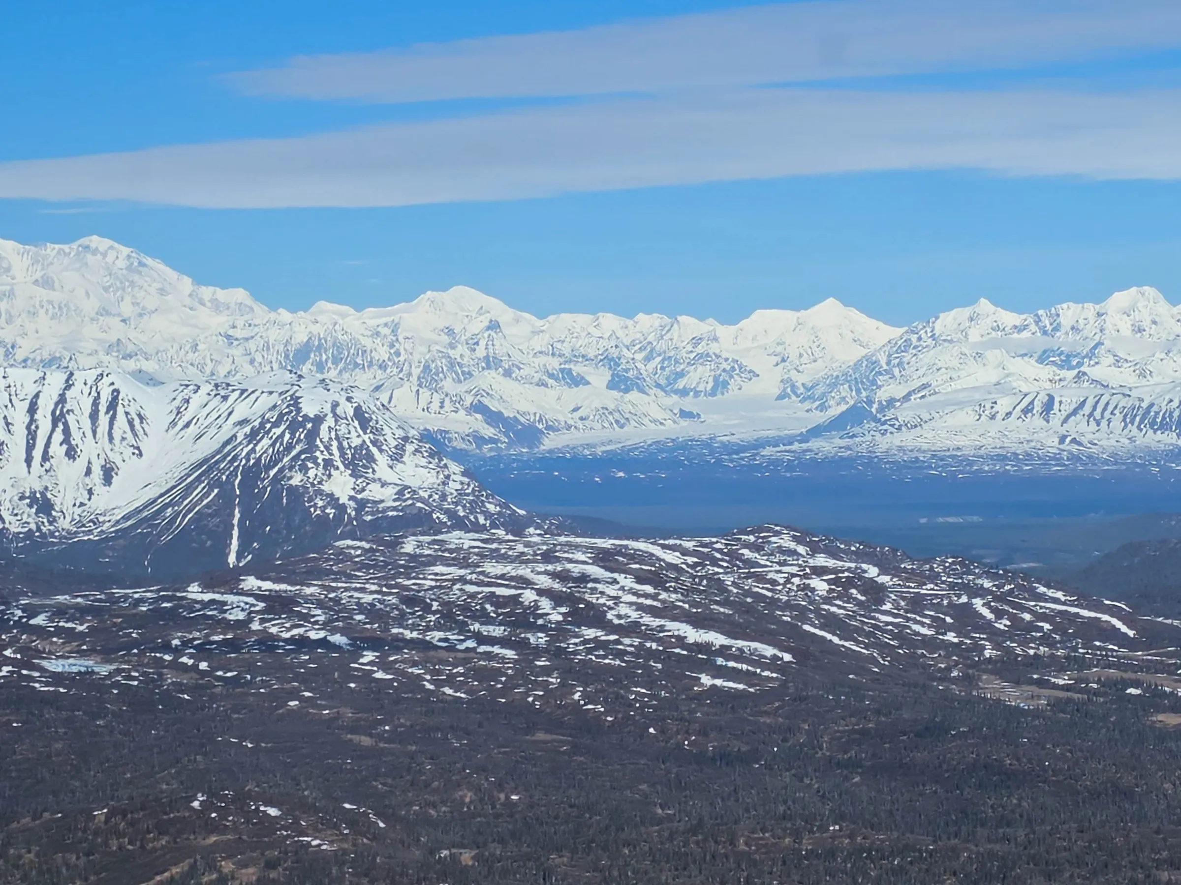 Snow-covered mountains under a clear blue sky in the distance.