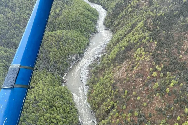 Aerial view of a winding river through a forested valley, seen from a plane.