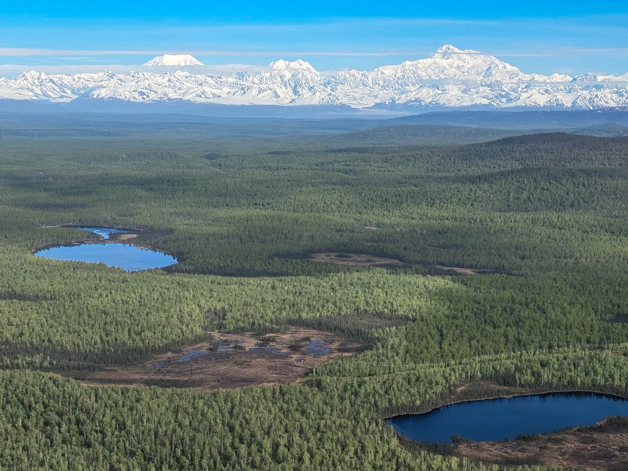 Aerial view of lakes and forest with snow-capped mountains in the distance.