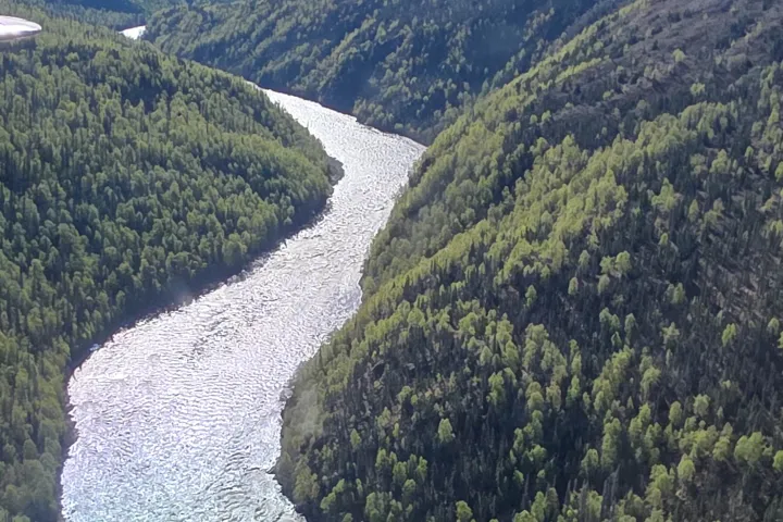 Aerial view of a winding river through forested mountains.